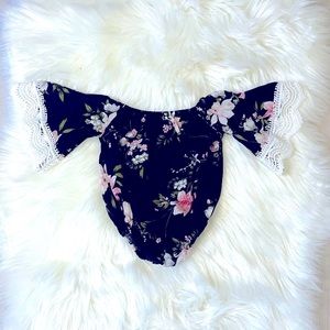 Black Floral Leotard w/ Lace Bell Sleeves 3/6M